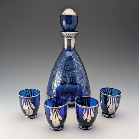 復古美國鈷藍色鍍銀醒酒杯 4 件套