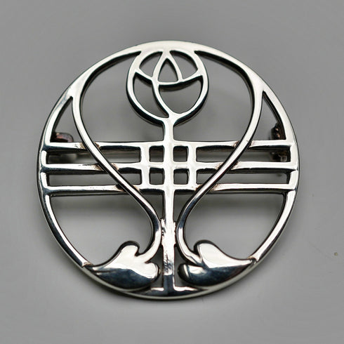 Vintage Sterling Silver Mackintosh Rose Art Nouveau Round Brooch
