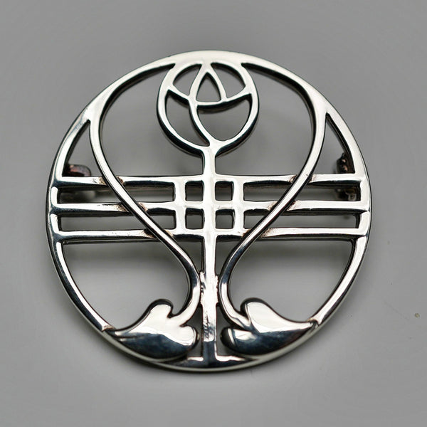 Vintage Sterling Silver Mackintosh Rose Art Nouveau Round Brooch