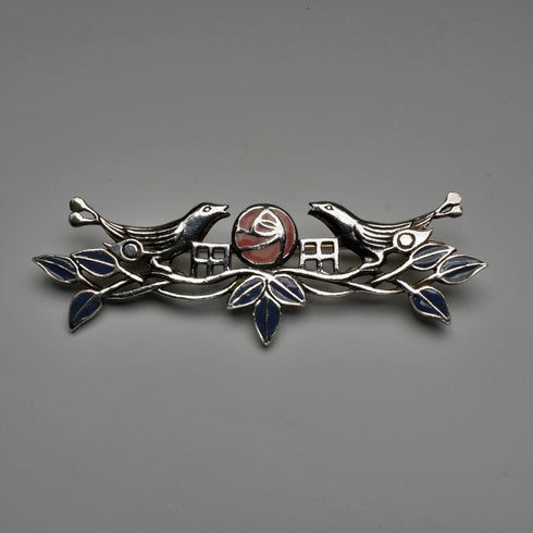 老式純銀琺瑯胸針 麥金塔玫瑰與一雙鳥兒