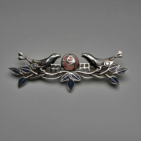 Vintage Pure Silver Enamel Brooch: Mackintosh Rose and Pair of Birds