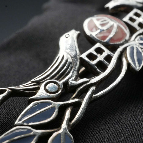 Vintage Pure Silver Enamel Brooch: Mackintosh Rose and Pair of Birds