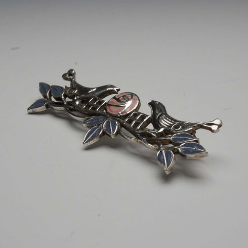 Vintage Pure Silver Enamel Brooch: Mackintosh Rose and Pair of Birds