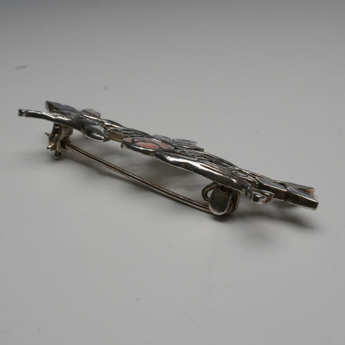 老式純銀琺瑯胸針 麥金塔玫瑰與一雙鳥兒