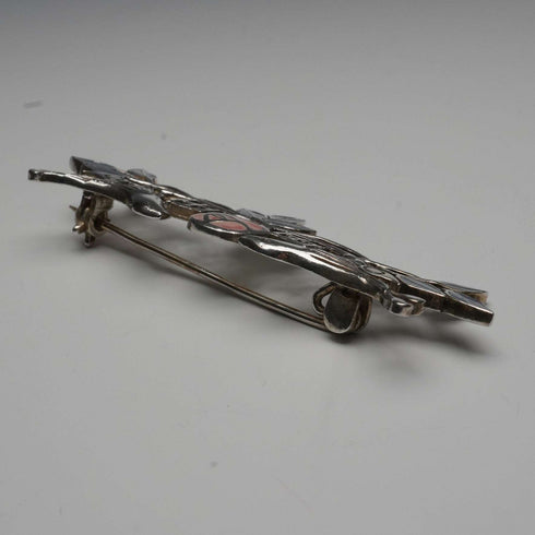 Vintage Pure Silver Enamel Brooch: Mackintosh Rose and Pair of Birds