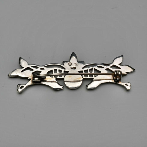 Vintage Pure Silver Enamel Brooch: Mackintosh Rose and Pair of Birds