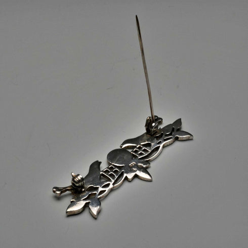 Vintage Pure Silver Enamel Brooch: Mackintosh Rose and Pair of Birds