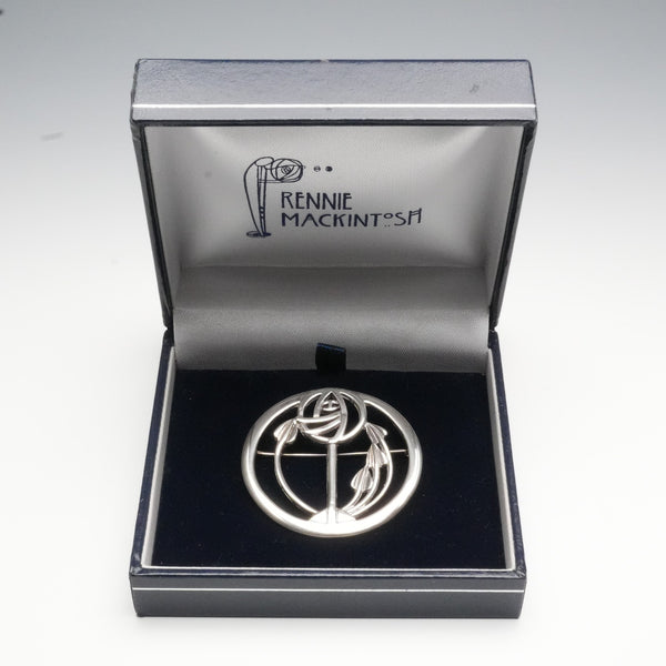 Vintage Solid Silver Mackintosh Rose Art Nouveau Round Brooch with Case