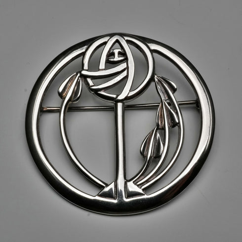 復古純銀麥金塔玫瑰新藝術風格圓形胸針附盒