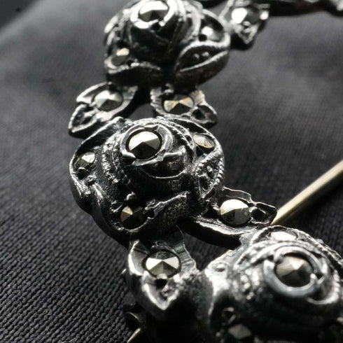 British Vintage Sterling Silver & Marcasite Rose Wreath Brooch by Thomas Mott