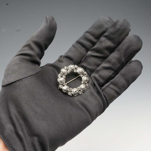 British Vintage Sterling Silver & Marcasite Rose Wreath Brooch by Thomas Mott