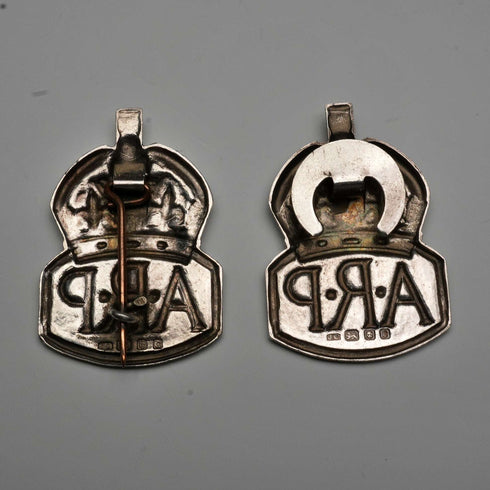 1938 British Vintage Sterling Silver ARP Warden Badge Pair by Royal Mint