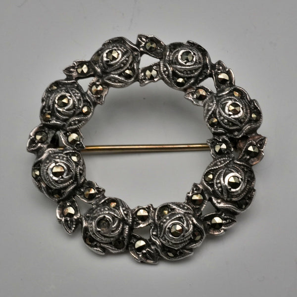 British Vintage Sterling Silver & Marcasite Rose Wreath Brooch by Thomas Mott