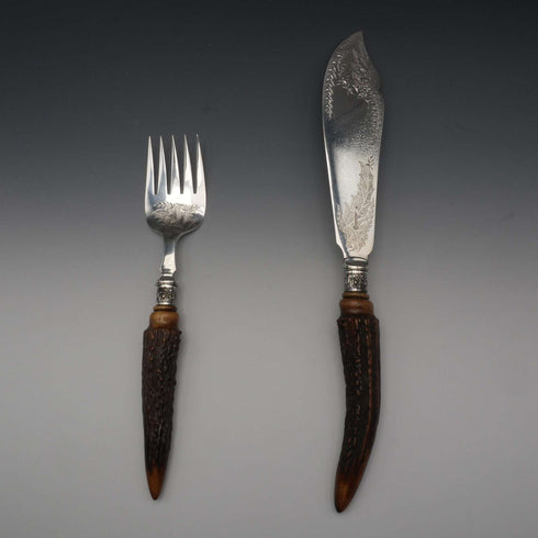 約1898年 英國古董鹿角手柄魚用刀叉組 R.F. Mosley&Sons