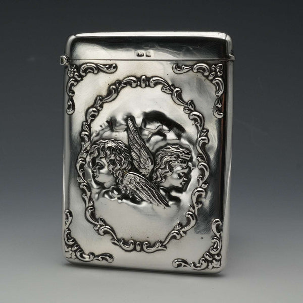 1906 British Antique Sterling Silver Angel-decorated Card Case 68g William Neale