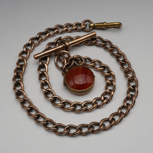 Antique Rolled Gold Albert Chain with Stone-Set Locket Fob