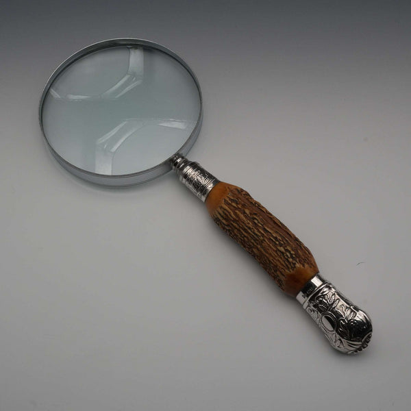 British Antique Sterling Silver Decorated Antler Handle Magnifying Glass Walker&Hall