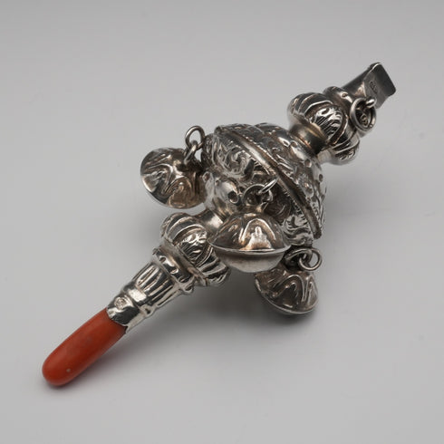 1890 Antique English Sterling Silver "Coral & Bell" Baby Rattle by George Unite