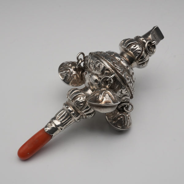 1890 Antique English Sterling Silver "Coral & Bell" Baby Rattle by George Unite