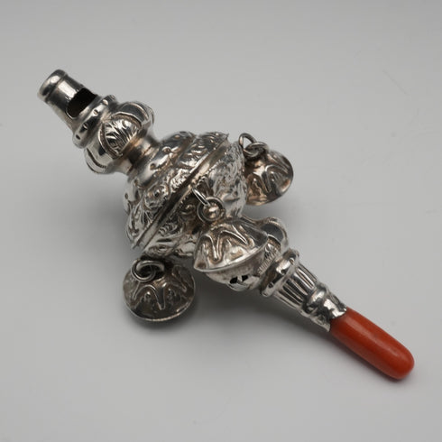 1890 Antique English Sterling Silver "Coral & Bell" Baby Rattle by George Unite