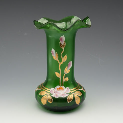 British Vintage Victorian Style Enamel-Decorated Green Glass Vase