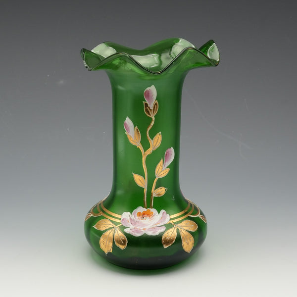 British Vintage Victorian Style Enamel-Decorated Green Glass Vase