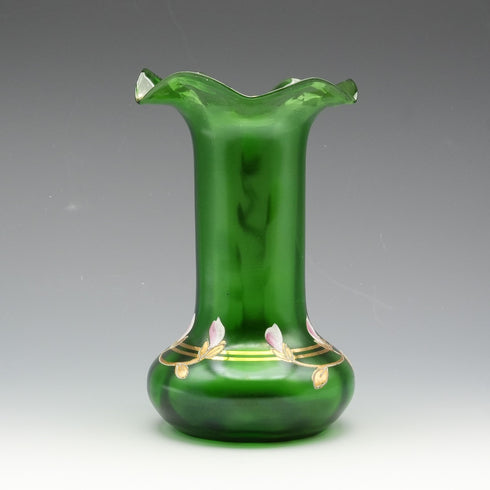 British Vintage Victorian Style Enamel-Decorated Green Glass Vase