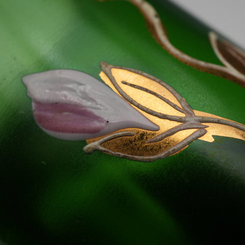 British Vintage Victorian Style Enamel-Decorated Green Glass Vase