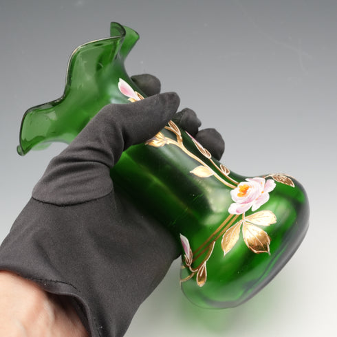 British Vintage Victorian Style Enamel-Decorated Green Glass Vase