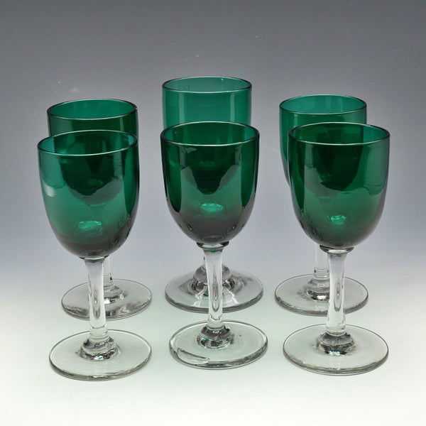 Vintage English Bristol Green Glass Liqueur Glasses, Set of 6