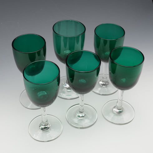 Vintage English Bristol Green Glass Liqueur Glasses, Set of 6