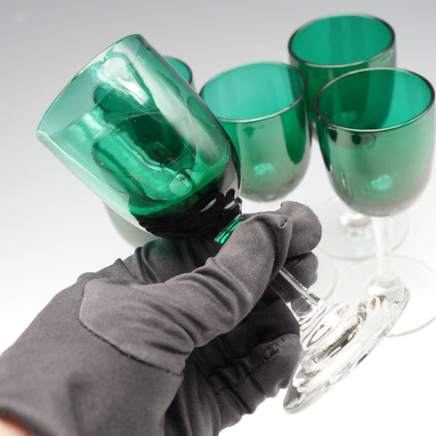 Vintage English Bristol Green Glass Liqueur Glasses, Set of 6