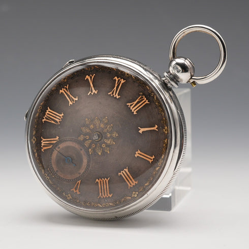 1880年 英國古董 裝飾錶盤 鑰匙上鍊 銀殼懷錶 可動 無指針(壞件)