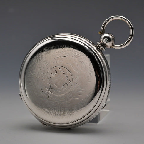 1880年 英國古董 裝飾錶盤 鑰匙上鍊 銀殼懷錶 可動 無指針(壞件)