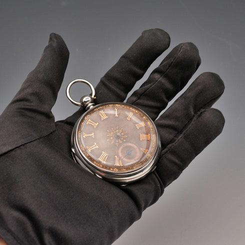 1880年 英国アンティーク 装飾ダイヤル 鍵巻き 銀側懐中時計 可動品 針無し(ジャンク)