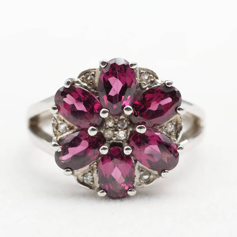 UK Vintage Pink Garnet Floral Sterling Silver Ring (US Size 9.5)