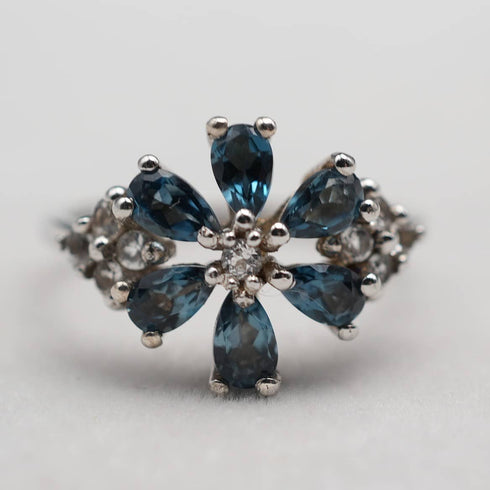 UK Vintage Blue Topaz Floral Sterling Silver Ring (US Size 9.5)