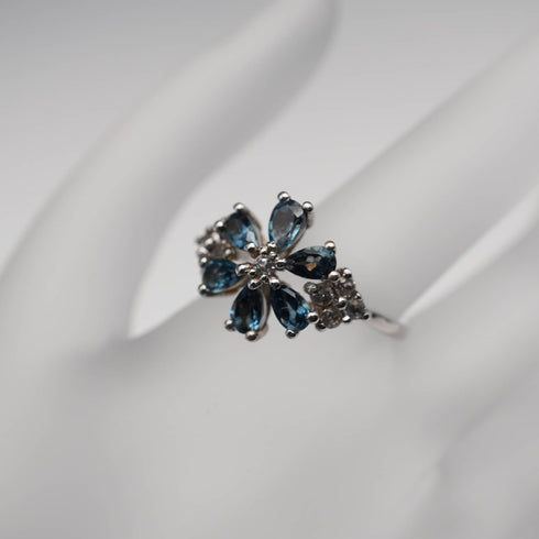 UK Vintage Blue Topaz Floral Sterling Silver Ring (US Size 9.5)