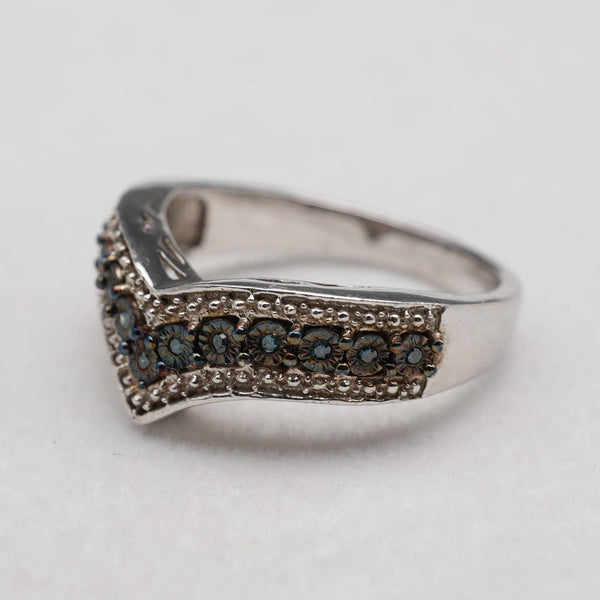 British Vintage Blue Diamond Wishbone-Shaped Sterling Silver Ring (US Size 8)