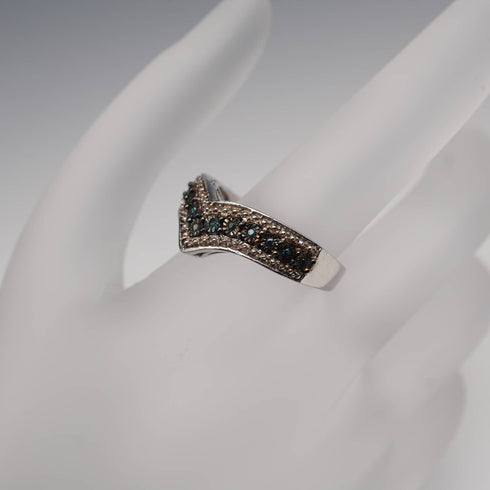British Vintage Blue Diamond Wishbone-Shaped Sterling Silver Ring (US Size 8)