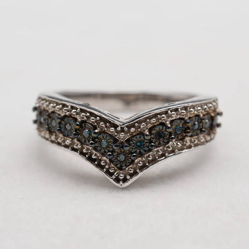 British Vintage Blue Diamond Wishbone-Shaped Sterling Silver Ring (US Size 8)