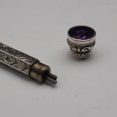 アンティーク シルバー製 アメジスト装飾 推進式ペンシル 89-118mm