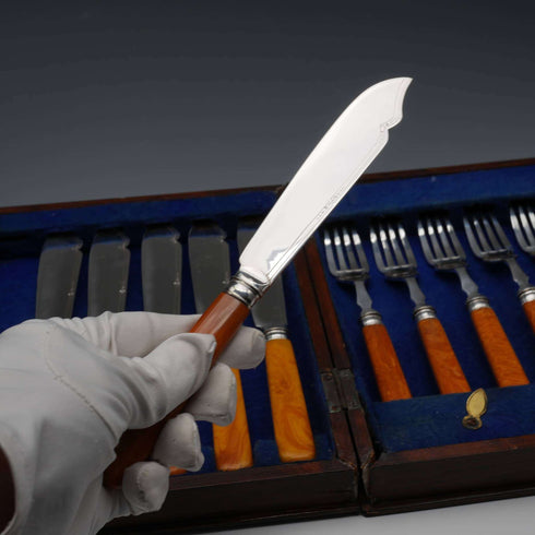 British Antique Agate-Style Resin Handle Cutlery Set, 6 Pairs, Frank Cobb, Cased