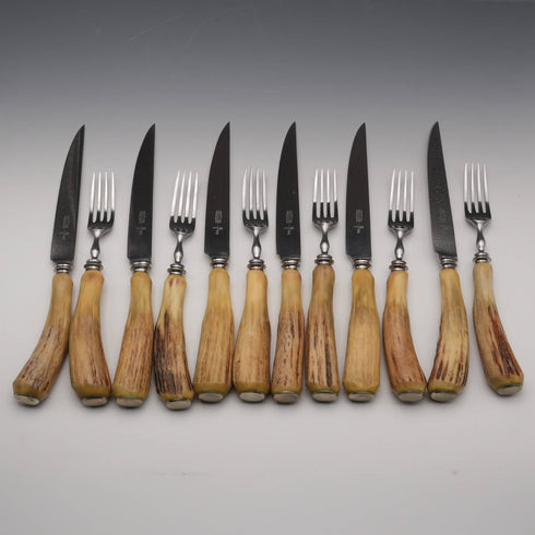 UK Vintage Antler Handle Steak Cutlery Set, 6 Pairs, Excalibur, Cased