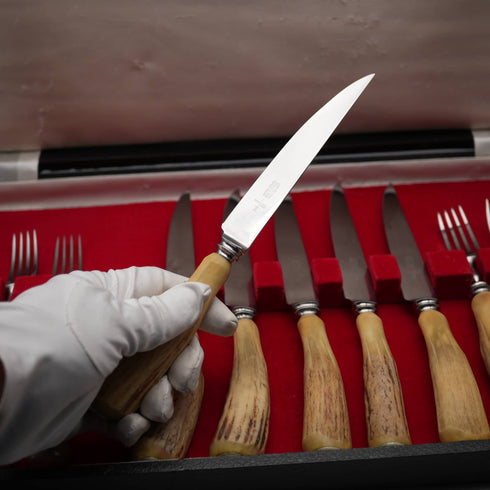 UK Vintage Antler Handle Steak Cutlery Set, 6 Pairs, Excalibur, Cased
