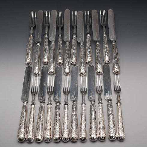 Antique British Silver Plate Fish Cutlery Set 18 Pairs by Martin&Hall in Wooden Box