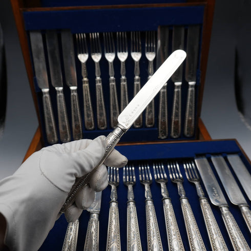 Antique British Silver Plate Fish Cutlery Set 18 Pairs by Martin&Hall in Wooden Box