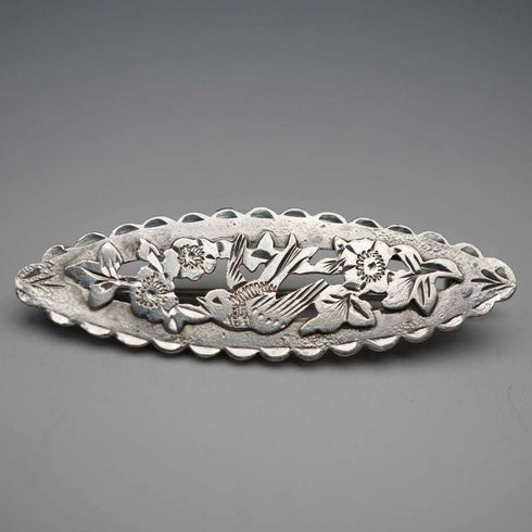 1914 British Antique Sterling Silver Brooch, Japonisme Bird Design, 2.3g, Joseph Richard