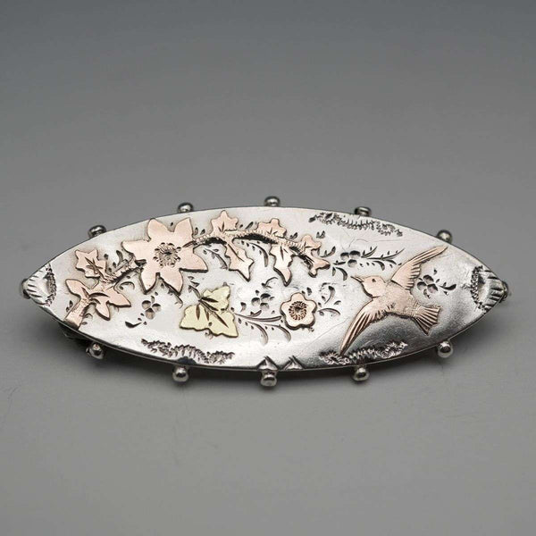 1895 Antique British Sterling Silver Brooch, Japonisme, Bird Design, 3.6g, Richard John Wakefield