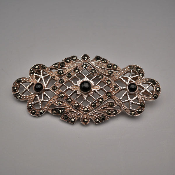 Vintage Black Onyx & Marcasite Sterling Silver Large Brooch 12.1g
